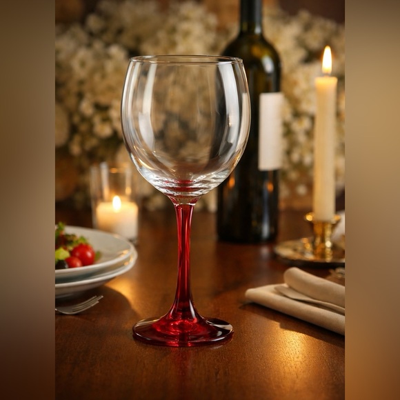 Hand Blown Wine Glass Ruby Red Stem Clear Bowl 8.25” Vintage Goblet - Picture 2 of 7